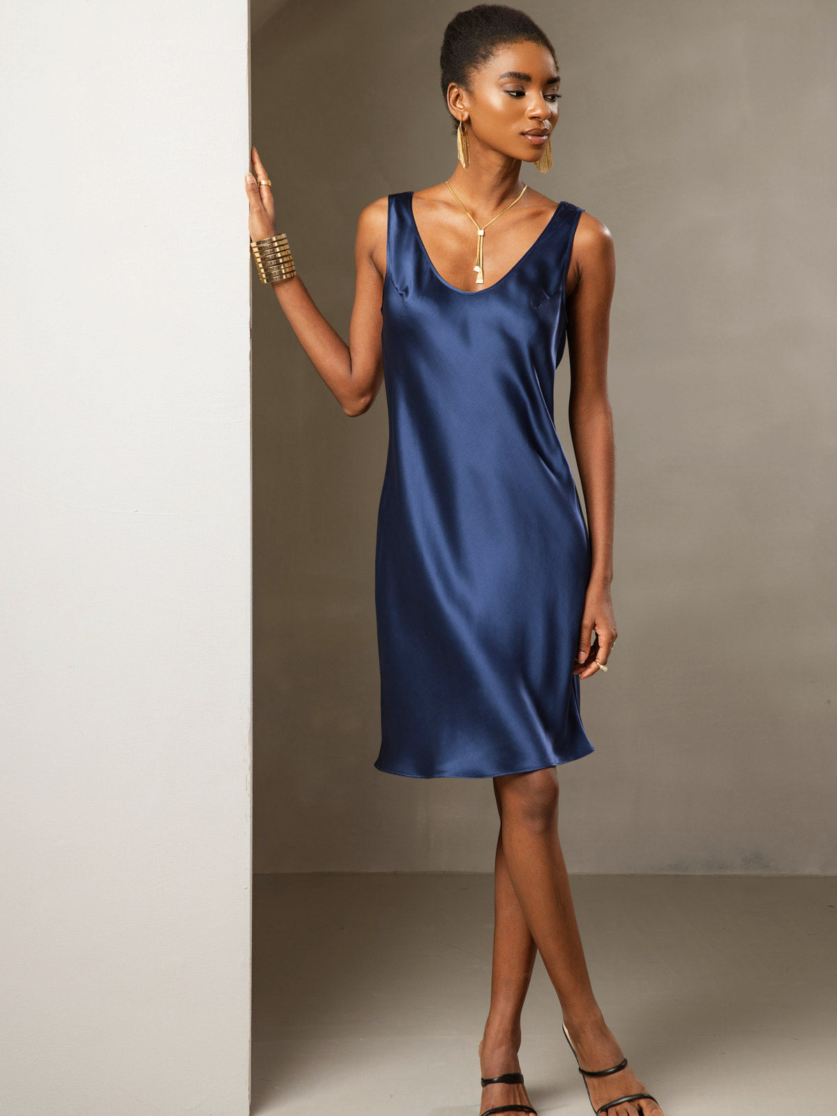 SilkSilky US Pure Silk Sleeveless Round Neck Dress DarkBlue 006