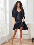 SilkSilky US Pure Silk 3/4 Sleeve Nightgown&Robe Set Black 003