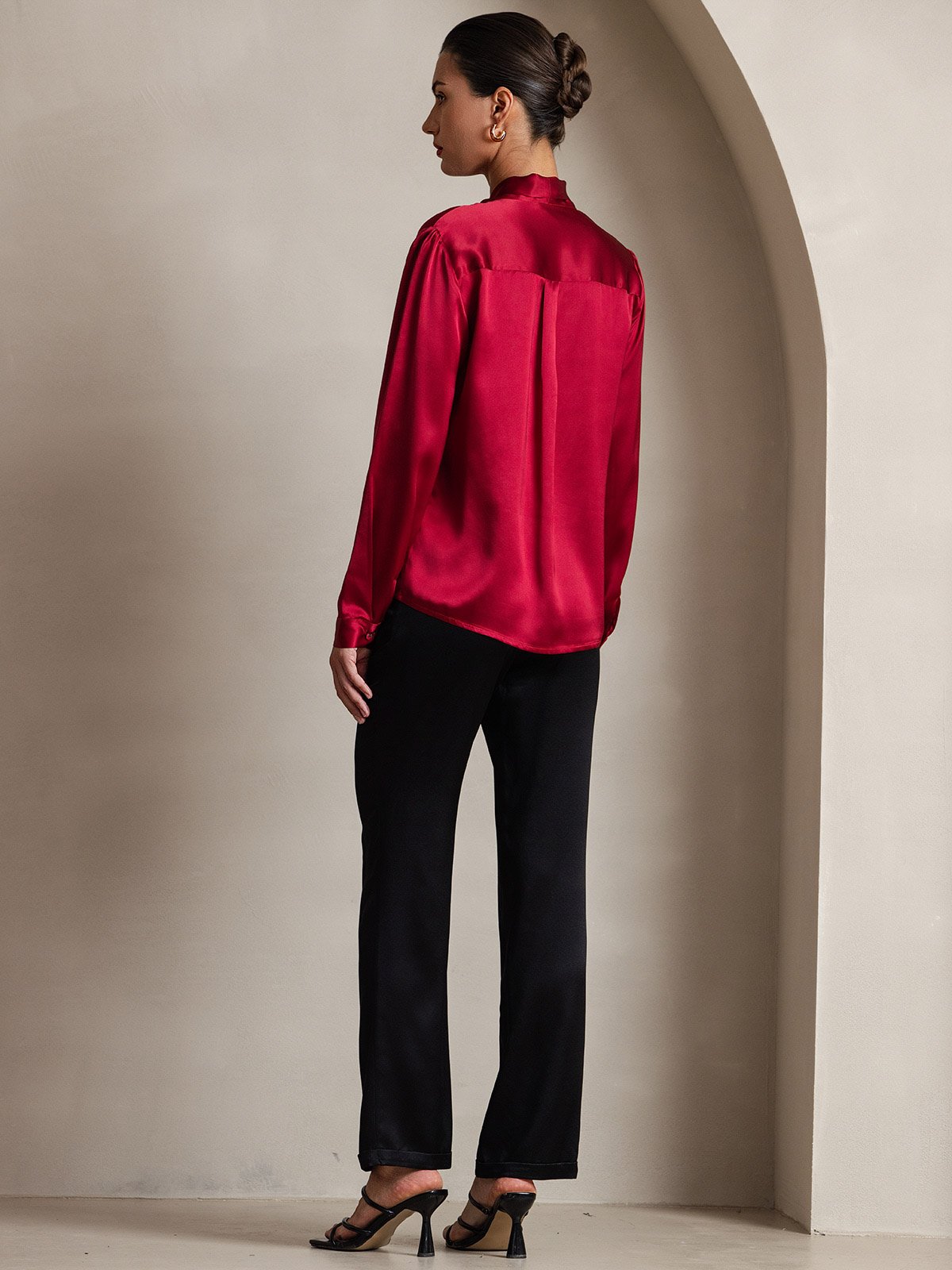 [Wine] SilkSilky 19Momme Silk Long Sleeve Tie Neck Women's Shirt 002