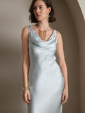 SilkSilky US Pure Silk Sleeveless Boat Neck Dress LightBlue 003