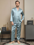 SilkSilky US 19Momme Pure Silk Long Sleeve Lapel Men's Pajamas LightBlue 001