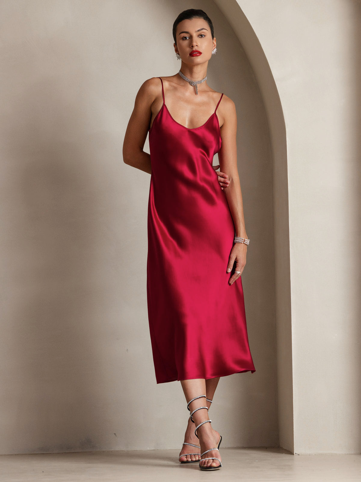 SilkSilky  Pure Silk Sleeveless Round Neck Dress Wine 001