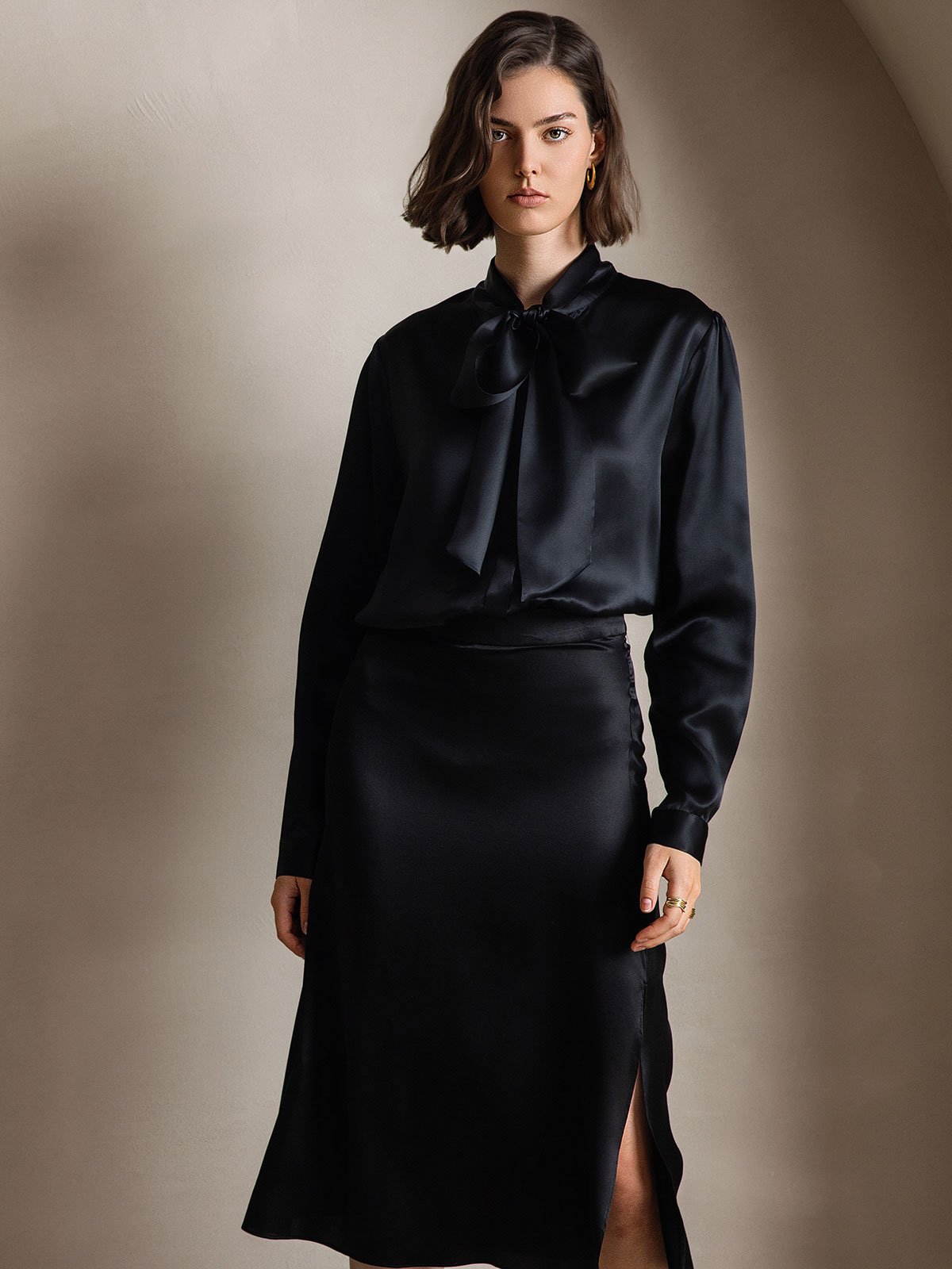 [Black] SilkSilky 19Momme Silk Long Sleeve Tie Neck Women's Shirt 003