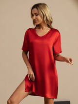 [Wine] SilkSilky  Half Sleeve V Neck Nightgown 004