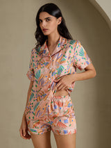 [Pink Fauna] SilkSilky Short Sleeve Notch Collar Women's Pajamas 004