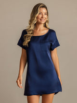[Dark Blue] SilkSilky  19Momme Machine-Washable Silk Short Sleeve Round Neck Nightgown 003