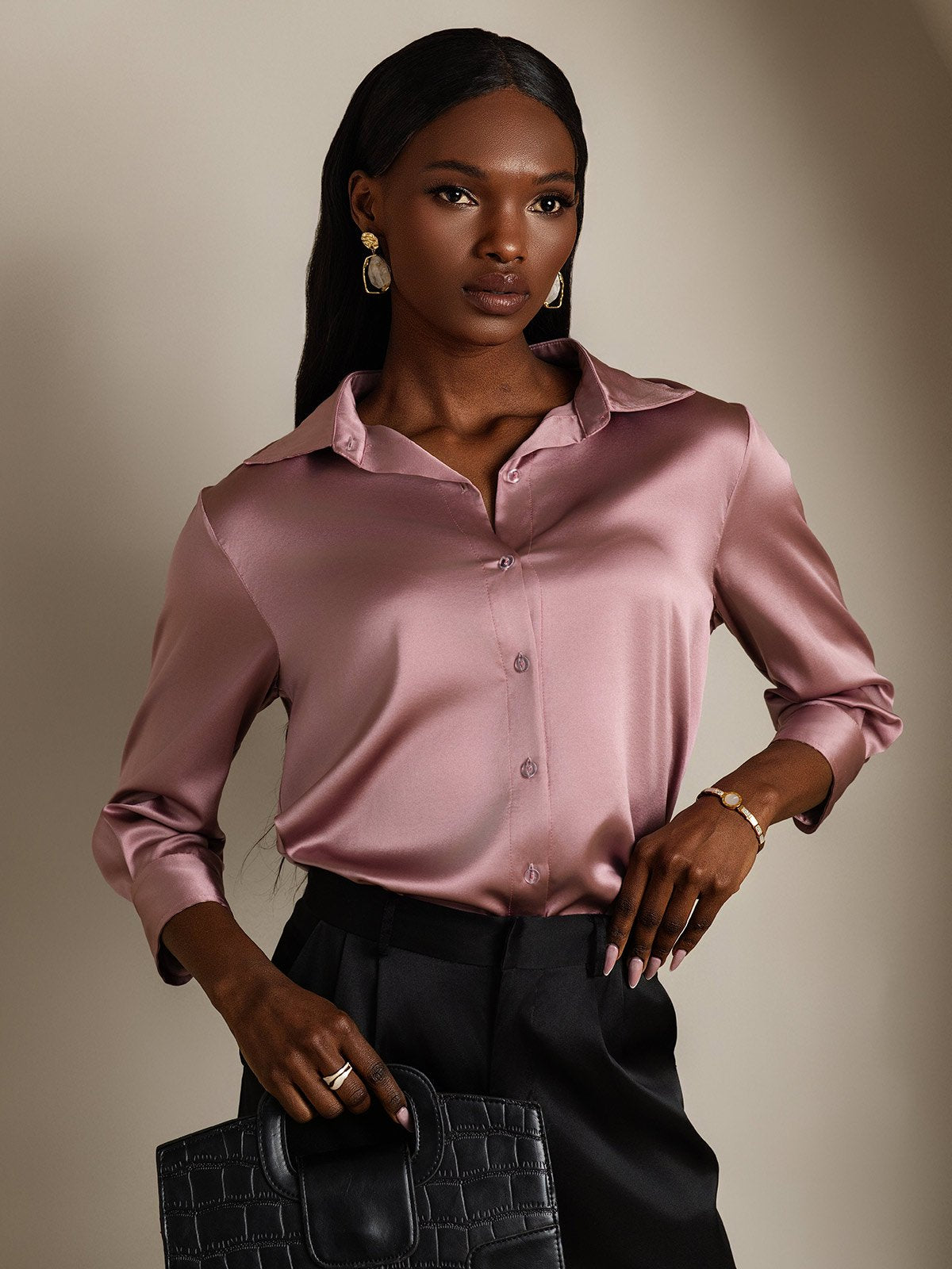 SilkSilky 19Momme Silk Long Sleeve Lapel Women's Shirt PaleMauve 003