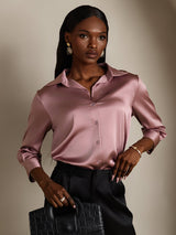 [Pale Mauve] SilkSilky  19Momme Stretch Silk Charmeuse 3/4 Sleeve Lapel Collar Women's Shirt 003