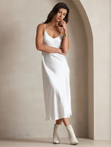 [White] SilkSilky  Spaghetti Strap V Neck Dress 004