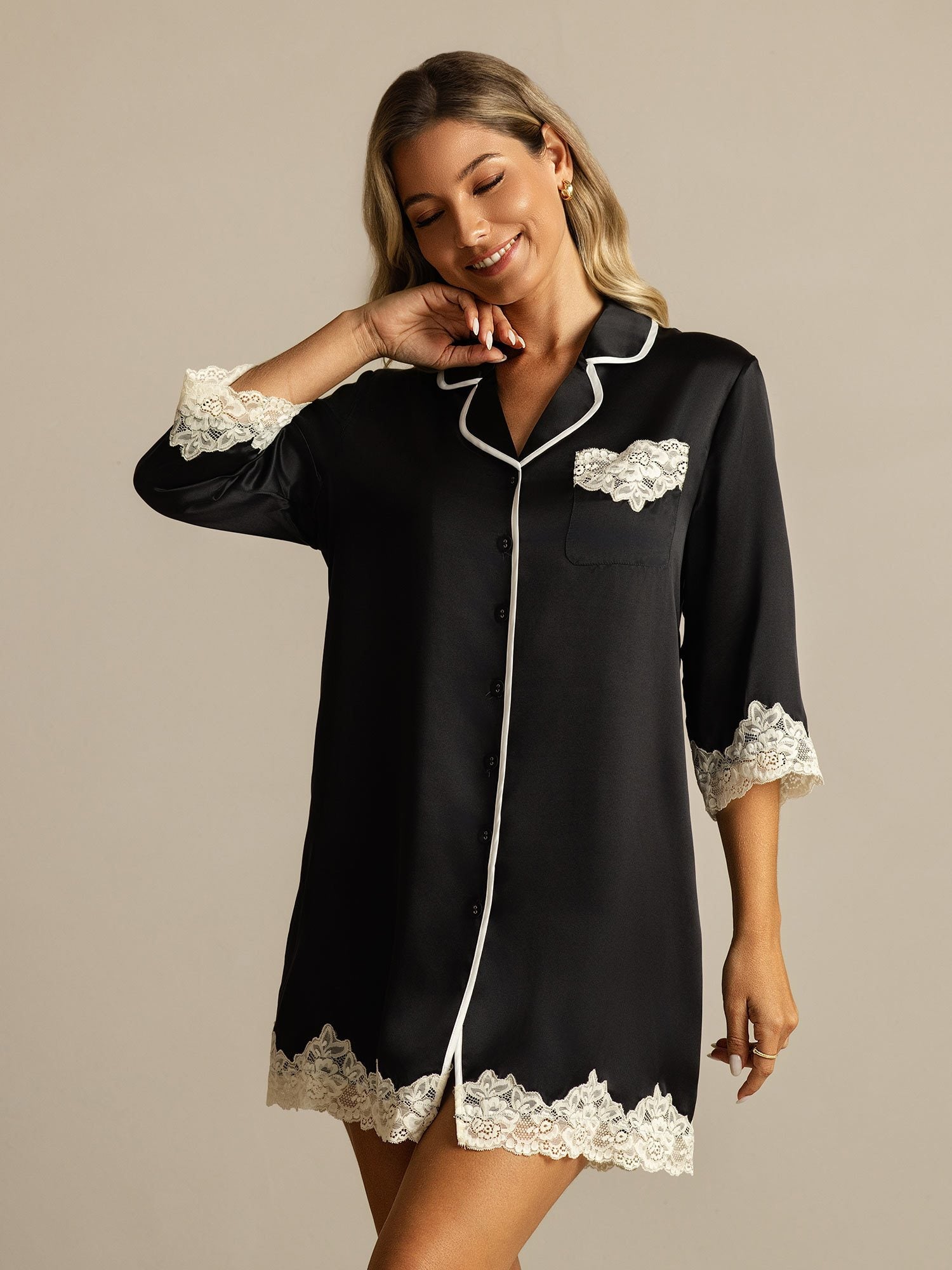 [Black] SilkSilky  Pure Silk Lapel Collar Nightshirt 001
