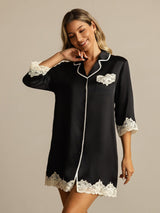 [Black] SilkSilky  Pure Silk Lapel Collar Nightshirt 001