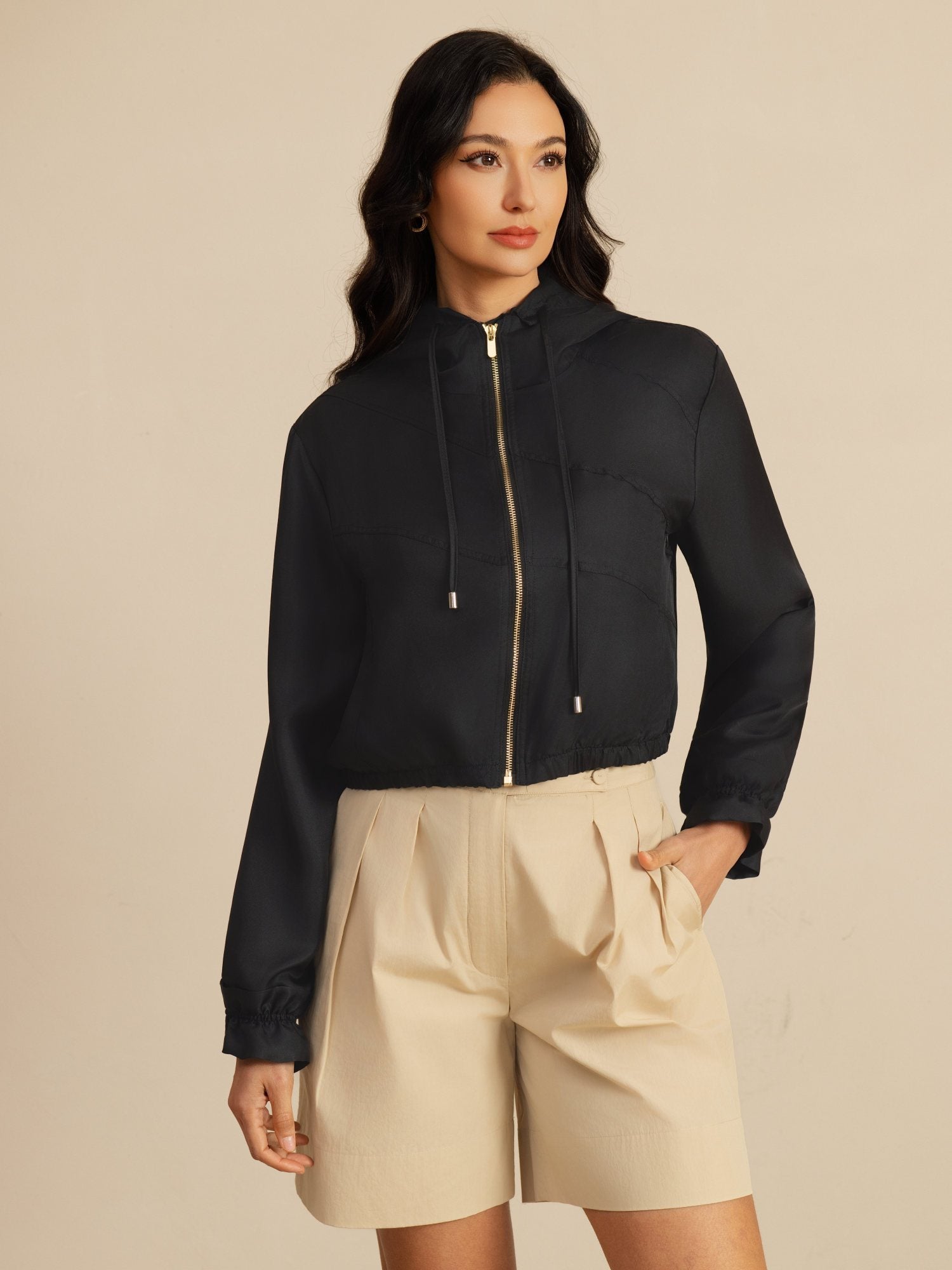 [Black] SilkSilky 18Momme Silk Satin Surah Long Sleeve High Neck Women's Outerwear 005