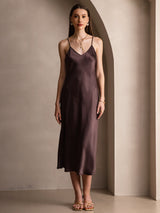 [Coffee] SilkSilky  Spaghetti Strap V Neck Dress 003