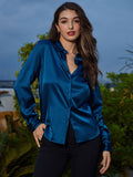 SilkSilky US Silk Blend Long Sleeve Collar Women's Shirt Teal 006