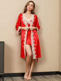 SilkSilky US Pure Silk 3/4 Sleeve Nightgown&Robe Set Red 002