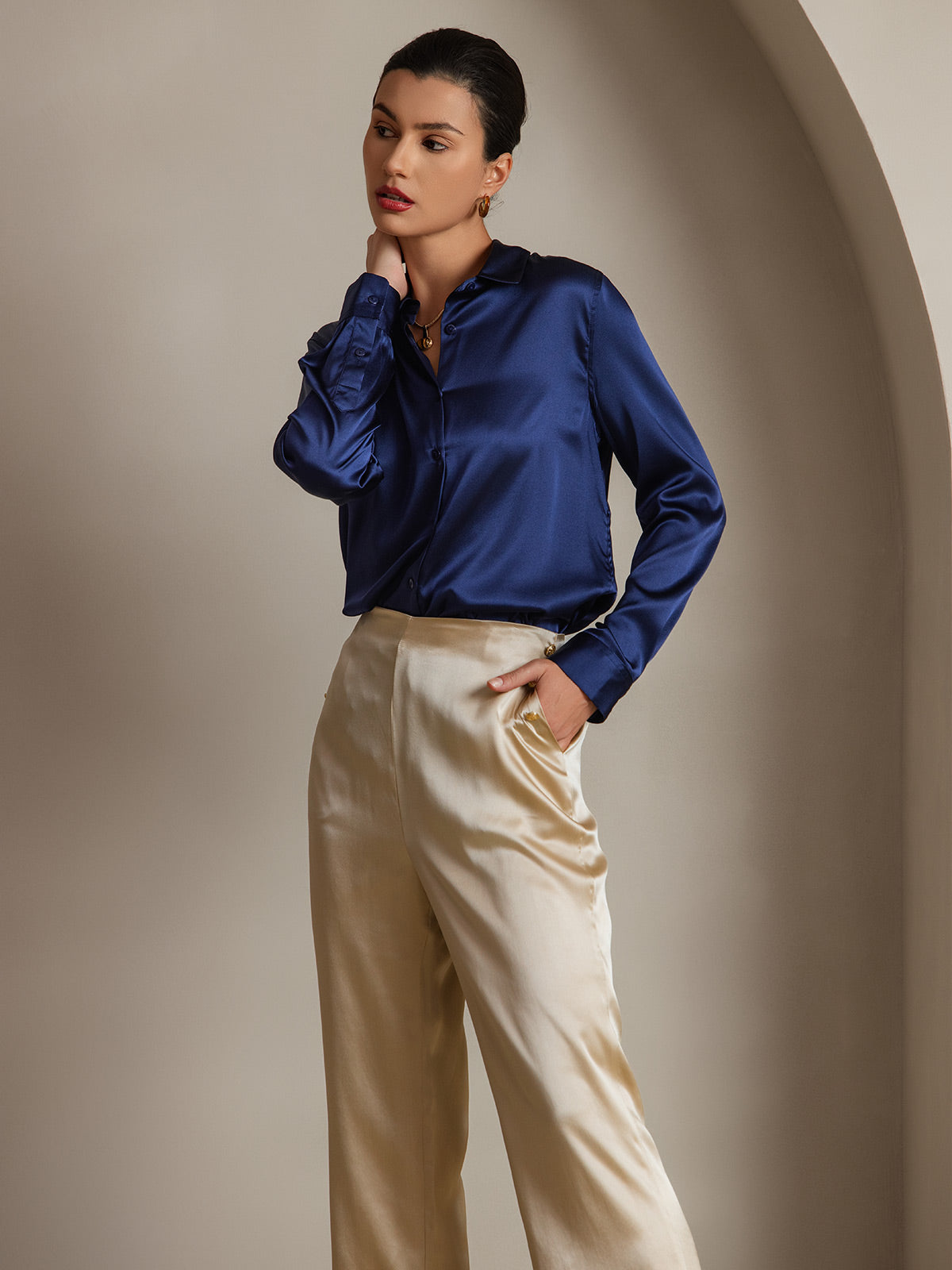 [Dark Blue] SilkSilky  Silk Lapel Collar Women's Shirt 005