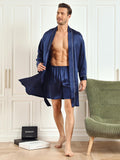 SilkSilky US Pure Silk 3/4 Sleeve Lapel Men's Robe DarkBlue 004