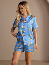 [Blue Fish] SilkSilky Short Sleeve Lapel Collar Women's Pajamas 004