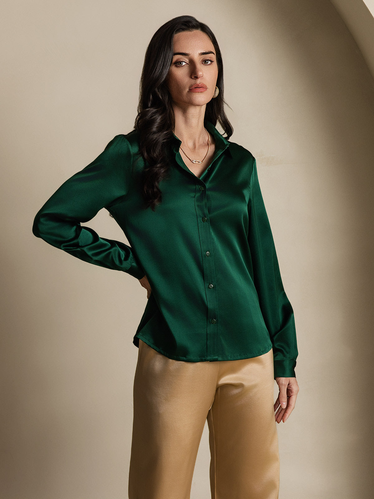 SilkSilky  19Momme Silk Long Sleeve Collar Women's Shirt DarkGreen 001