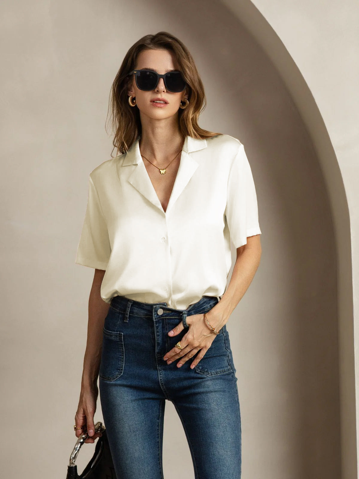 [Ivory] SilkSilky  19Momme Silk Notched Neck Women's Shirt 005