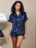 SilkSilky US Pure Silk Short Sleeve Lapel Women's Pajamas DarkBlue 001