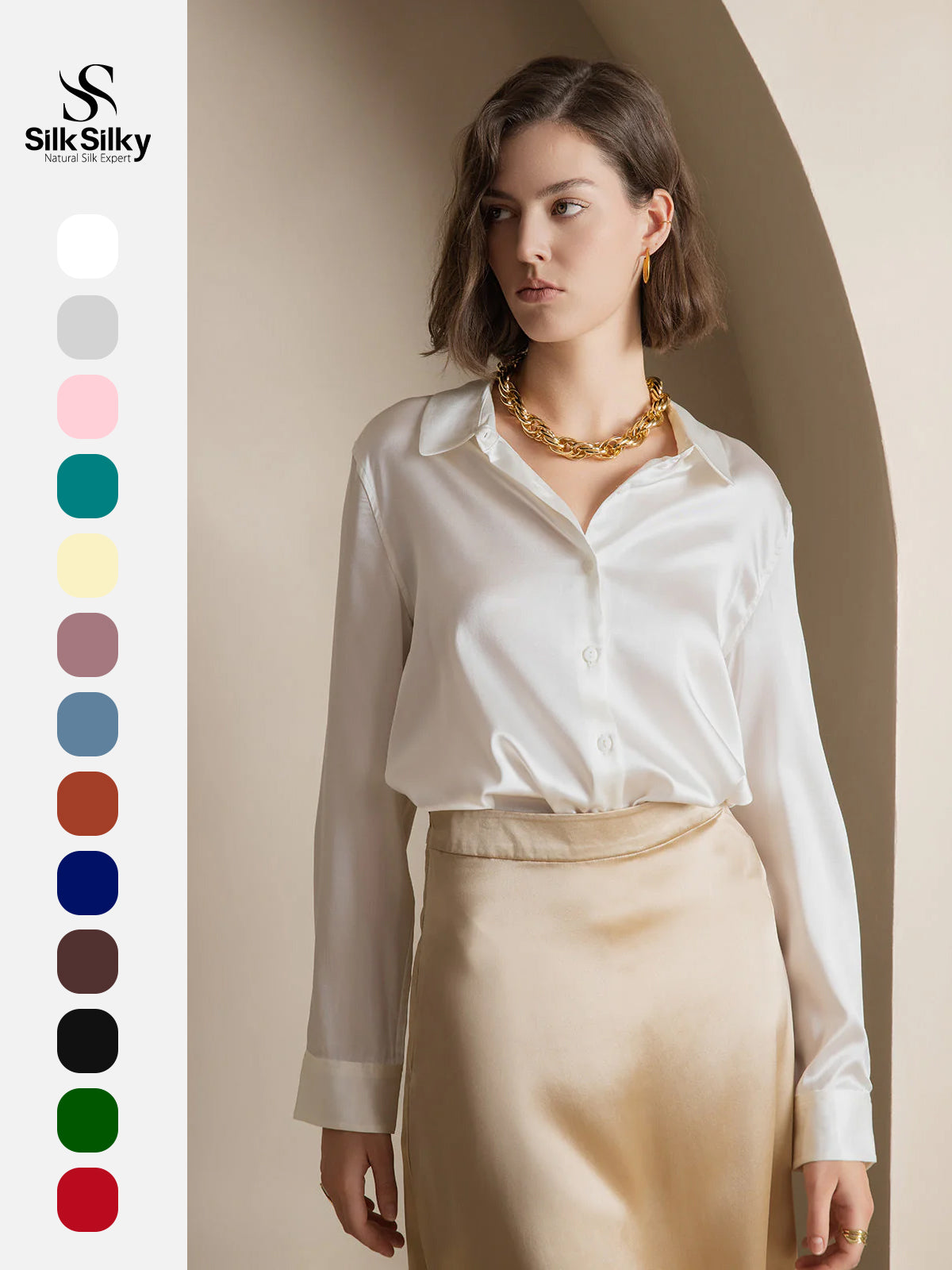 [White] SilkSilky  Silk Long Sleeve Lapel Collar Women's Shirt 001