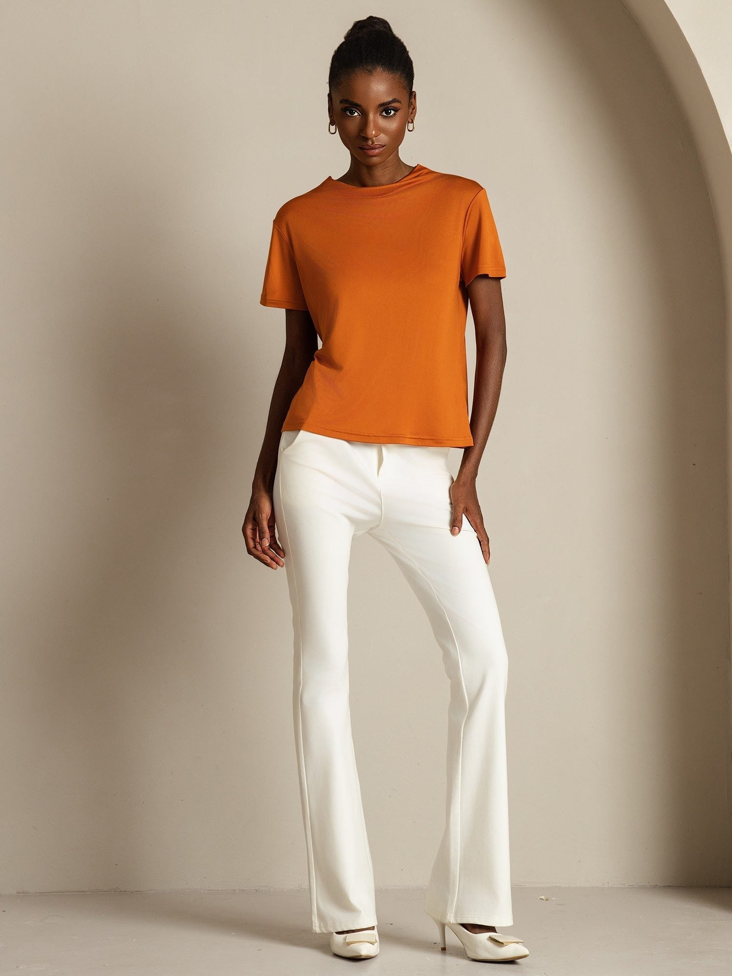 [Orange] SilkSilky  Pure Silk Collar Women's T-Shirt 007