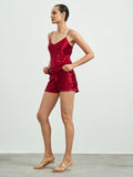 SilkSilky  Pure Silk Sleeveless V Neck Camisole Set DarkRed 004