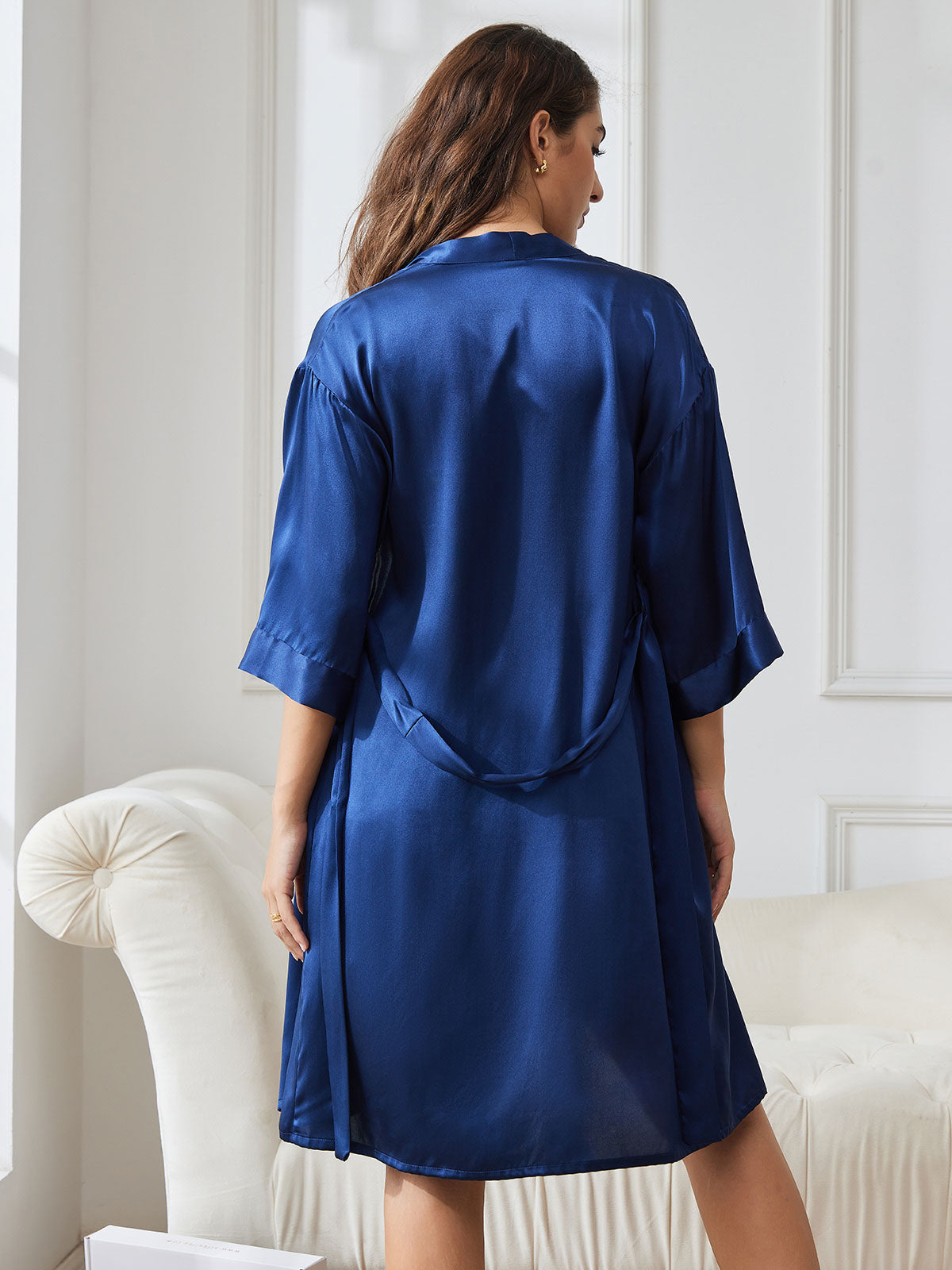 SilkSilky US Pure Silk 3/4 Sleeve Nightgown&Robe Set DarkBlue 002