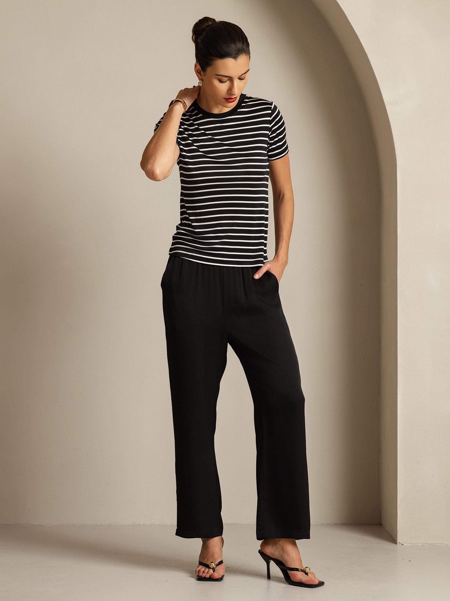 [BlackStripe] SilkSilky Pure Silk Crew Women's T-Shirt 007