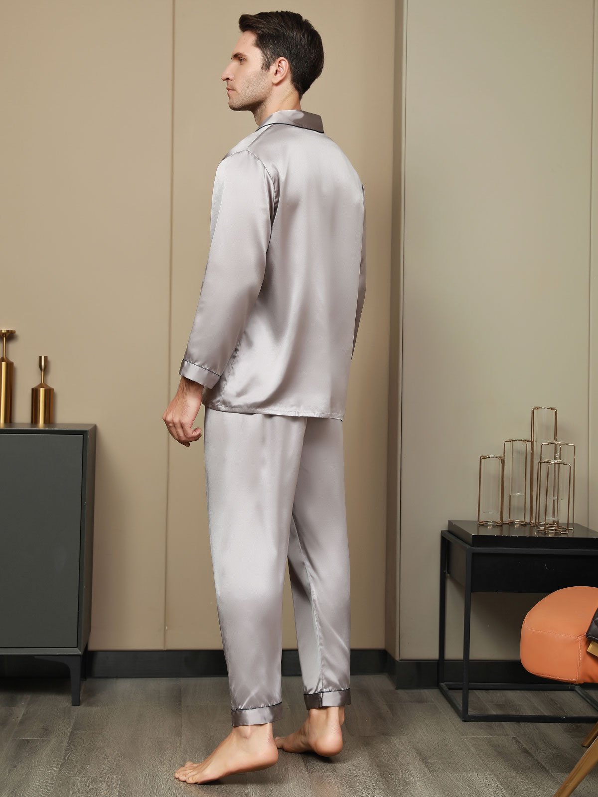 SilkSilky US Pure Silk Long Sleeve Lapel Men's Pajamas Gray 003