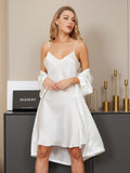 SilkSilky US Pure Silk 3/4 Sleeve Nightgown&Robe Set White 004