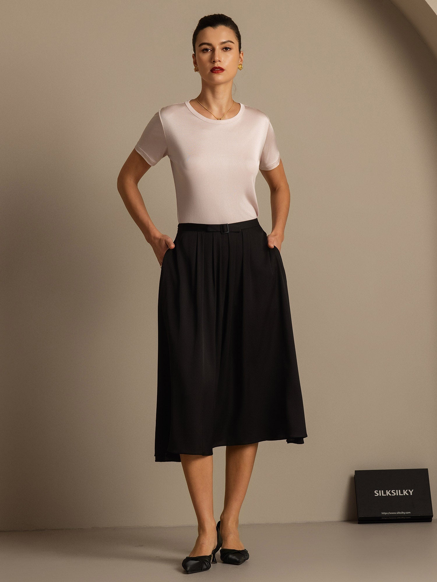 [Light Pink] SilkSilky  Silk Knitted Round Neck Women's T-Shirt 007,