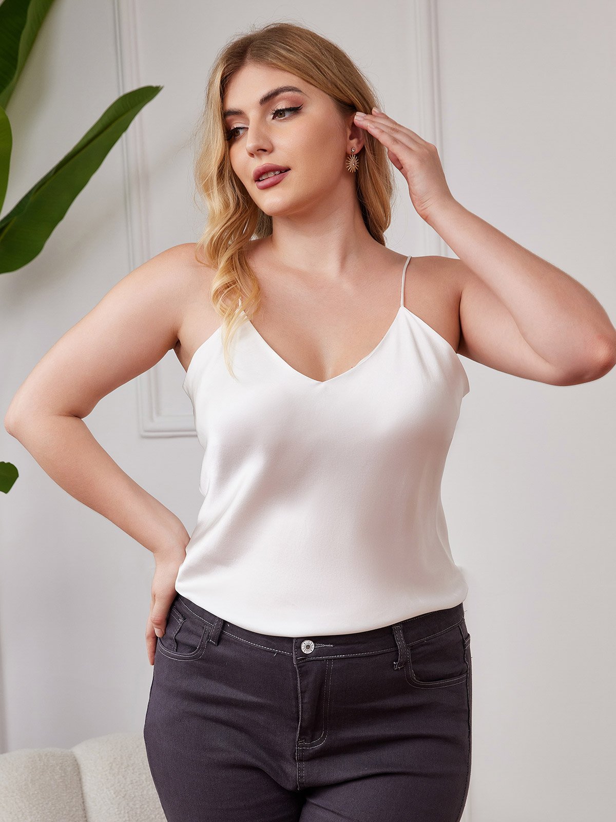 SilkSilky  Pure Silk Deep V Neck Plus Size Camisole Top White 003