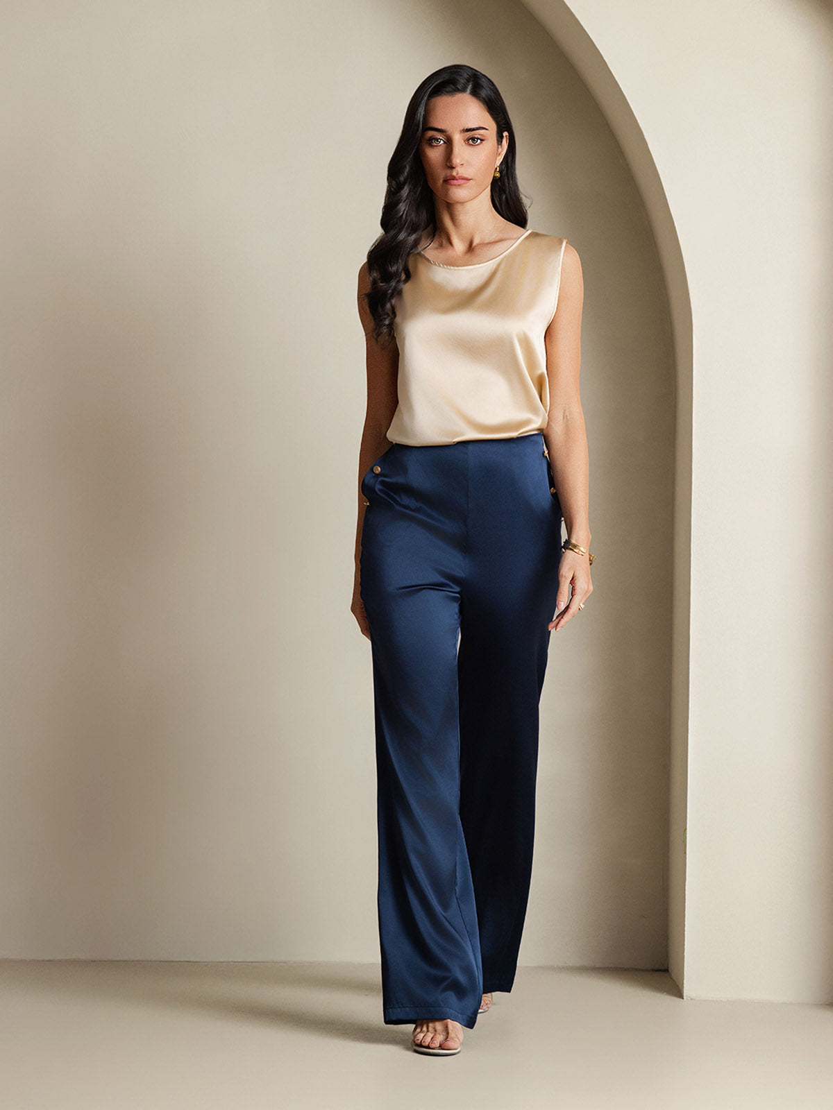 [Champagne] SilkSilky  19Momme Silk Round Neck Camisole Top 006