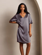 [Purple Gray] SilkSilky  Half Sleeve V Neck Nightgown 005