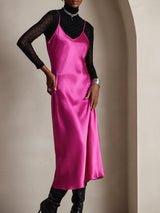[Rose Red] SilkSilky  Pure Silk Spaghetti Strap V Neck Dress 006