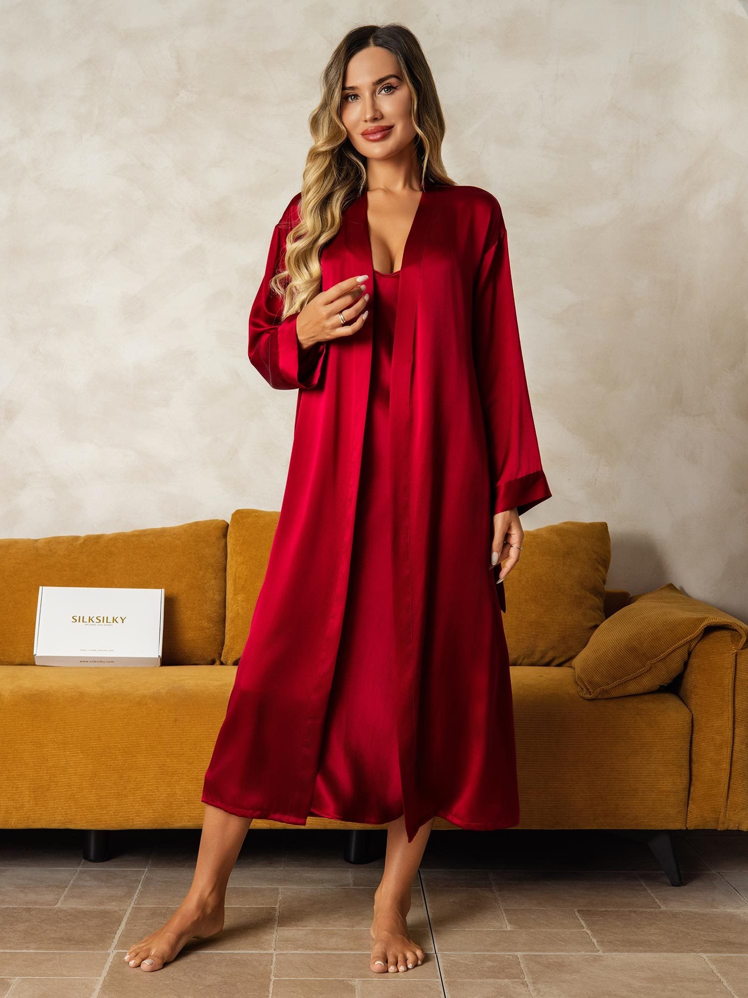 [Wine] SilkSilky Pure Silk Wrap Nightgown&Robe Set 006