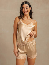 [Champagne] SilkSilky Spaghetti Strap V Neck Camisole Set 001