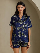 [Navy Lion] SilkSilky Short Sleeve Notch Collar Women's Pajamas 001