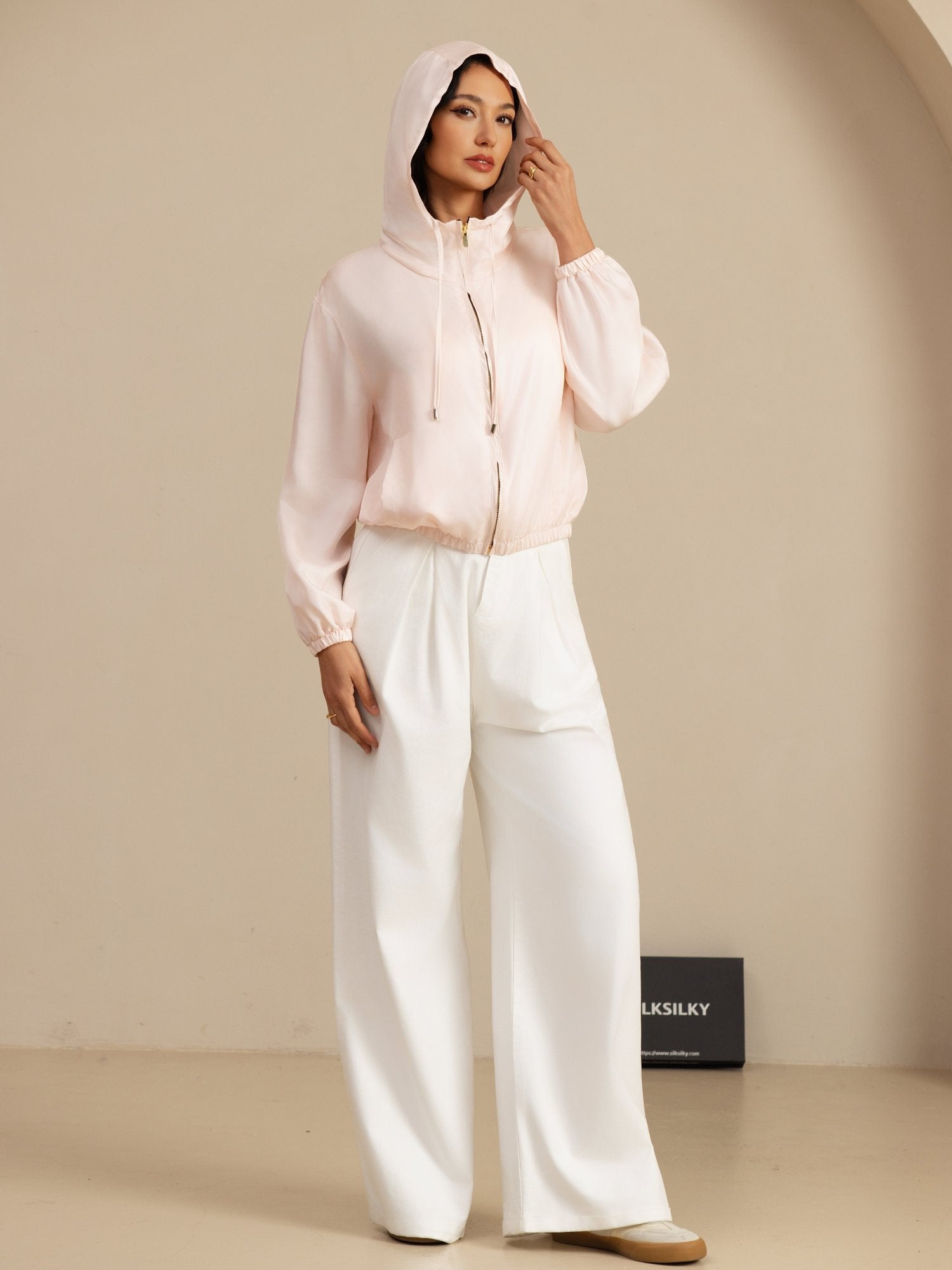 [Pink] SilkSilky 18Momme Silk Satin Surah Long Sleeve Stand Collar Women's Outerwear 007