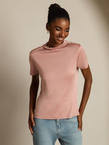 [Pink] SilkSilky  100% Silk Jersey Short Sleeve Mock Neck Women's T-Shirt 003