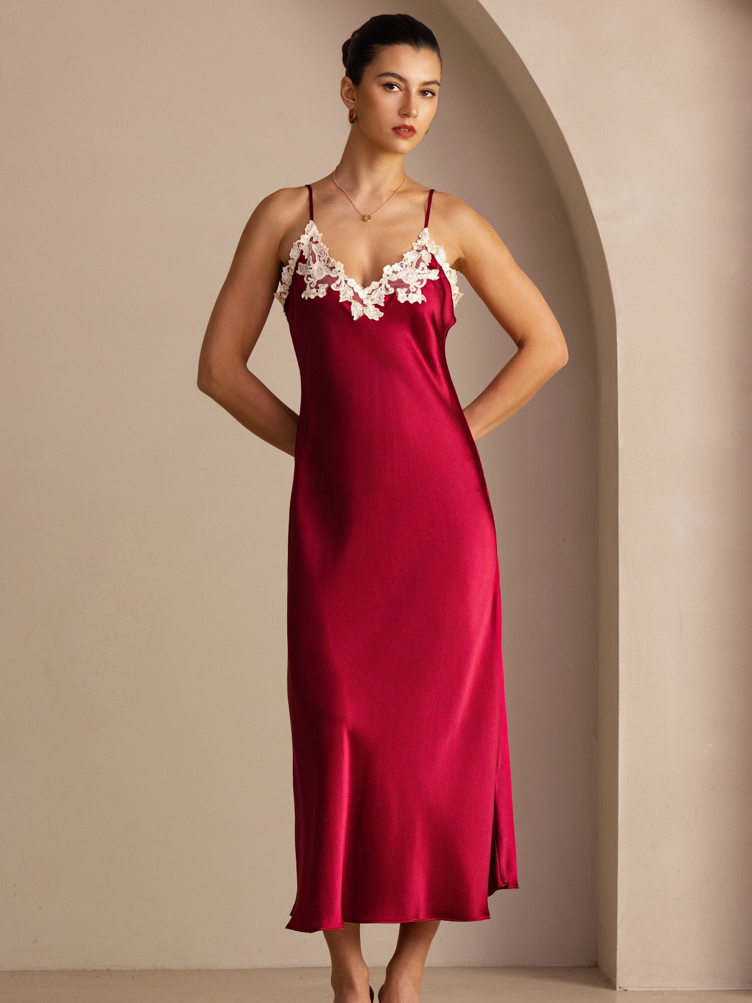 19 Momme Maxi Lace V-Back Pure Silk Dress – SILKSILKY 19 Momme Maxi Lace V-Back Pure Silk Dress – SILKSILKY