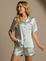 [Light Blue] SilkSilky  Pure Silk Notch Collar Women's Pajamas 001,