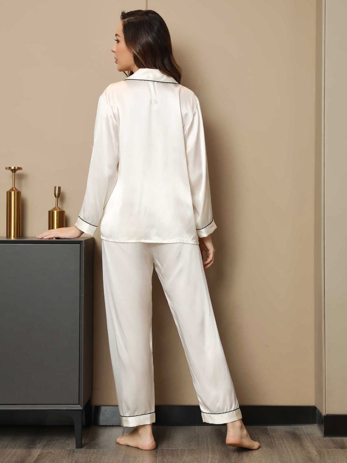 SilkSilky US Pure Silk Long Sleeve Lapel Women's Pajamas White 002