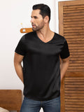 SilkSilky US Pure Silk Short Sleeve V Neck Men's T Shirt Black 005