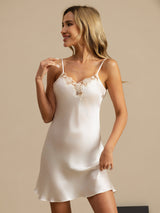[White] SilkSilky  Spaghetti Strap V Neck Nightgown 003