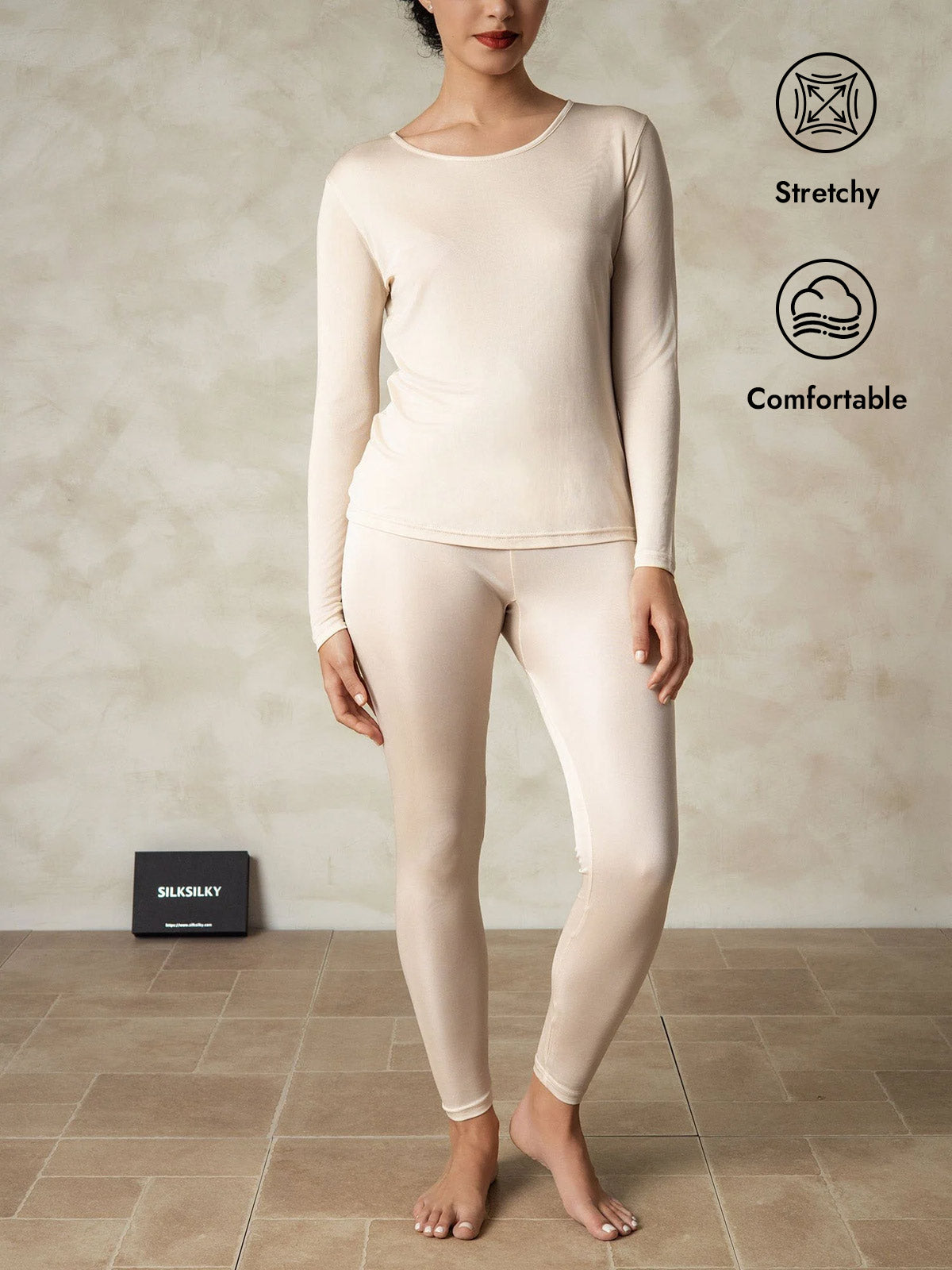 [Tan] SilkSilky  Silk Long Sleeve Round Neck Long Johns 001
