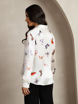 [White Butterfly] SilkSilky  Silk Long Sleeve Lapel Collar Women's Shirt 002