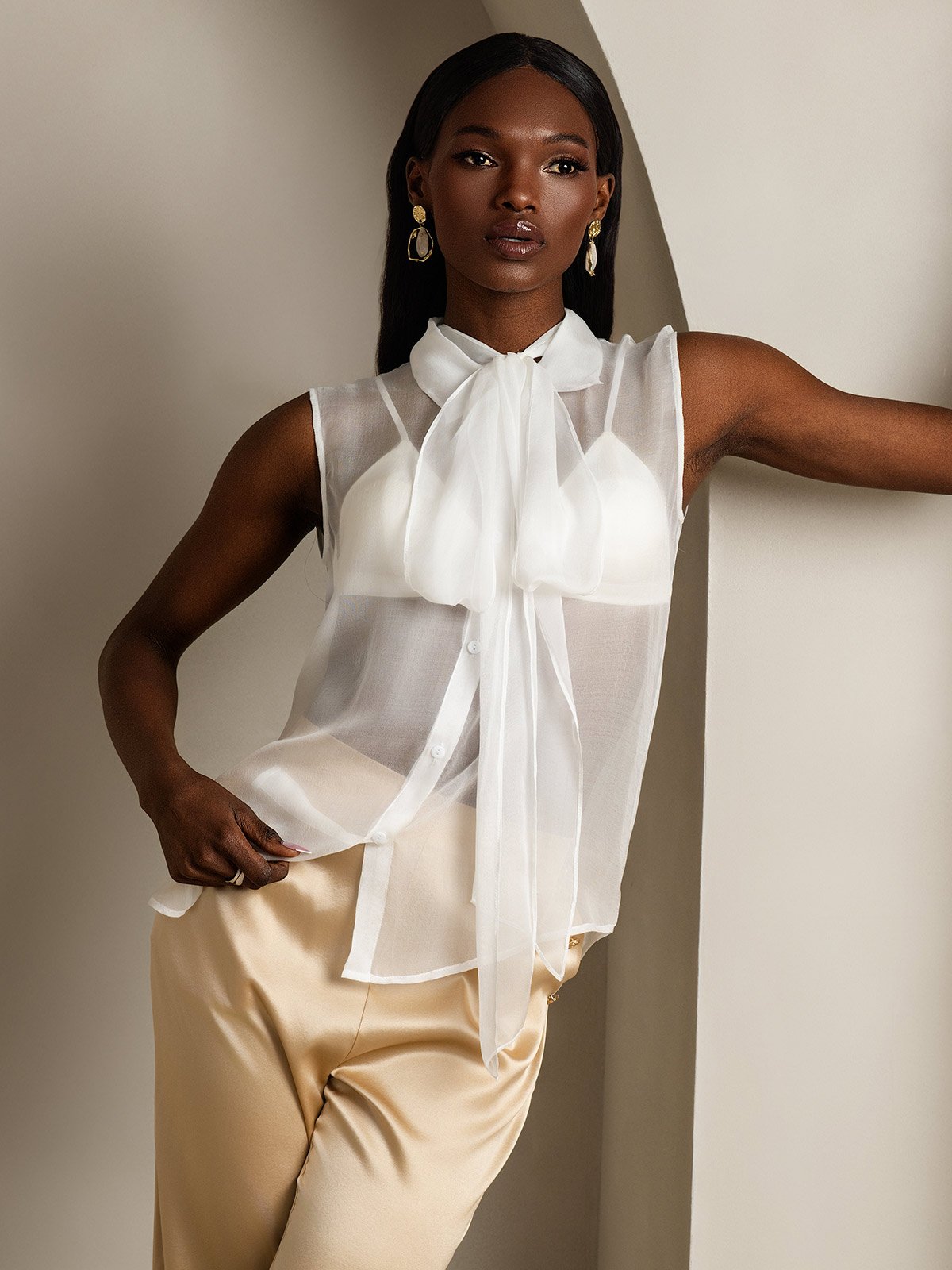 SilkSilky Pure Silk Sleeveless Tie Neck Women's Shirt White 005